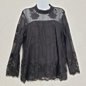 Ultra Pink Blouse Women Large Black Lace Sheer Fairy Faerie long sleeve Goth